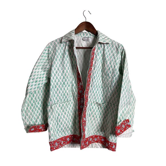 SZ Blockprints Cotton Jacket Green Leaf Red Floral Trim Hand Block Womans OS - Picture 2 of 11